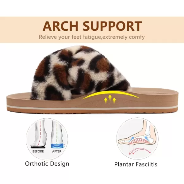 imageCOFACE Womens Fuzzy Slides Fluff Faux Fur Cross Slippers Open Toe Yoga Mat House Slippers Sandals With Arch Support For IndoorOutdoorLeopard Beige