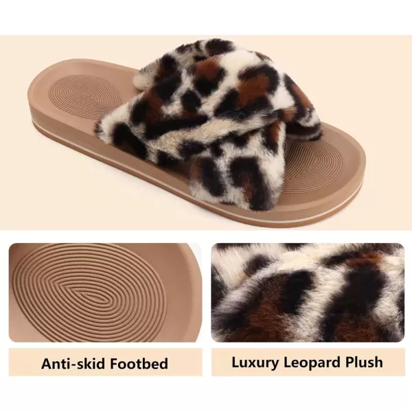 imageCOFACE Womens Fuzzy Slides Fluff Faux Fur Cross Slippers Open Toe Yoga Mat House Slippers Sandals With Arch Support For IndoorOutdoorLeopard Beige