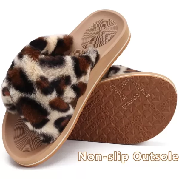 imageCOFACE Womens Fuzzy Slides Fluff Faux Fur Cross Slippers Open Toe Yoga Mat House Slippers Sandals With Arch Support For IndoorOutdoorLeopard Beige