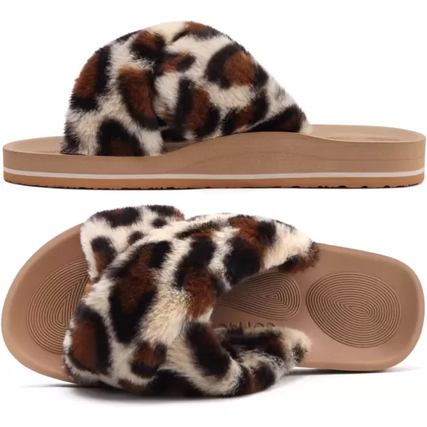 imageCOFACE Womens Fuzzy Slides Fluff Faux Fur Cross Slippers Open Toe Yoga Mat House Slippers Sandals With Arch Support For IndoorOutdoorLeopard Beige