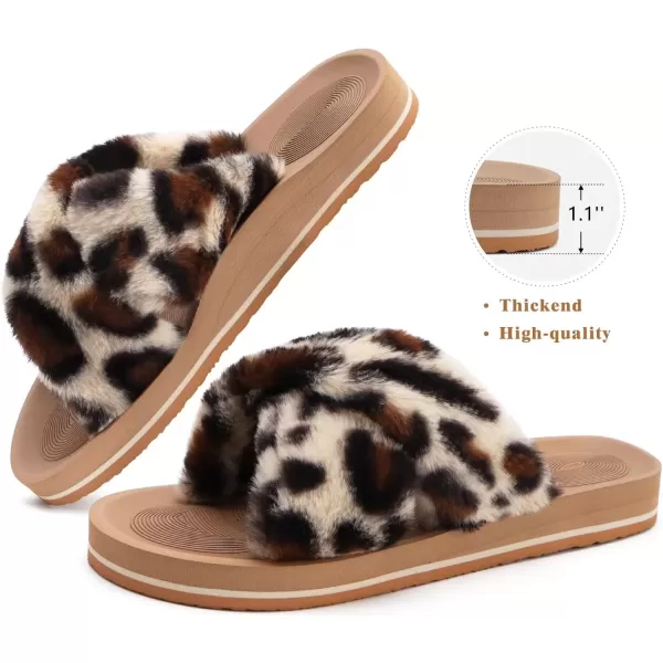 imageCOFACE Womens Fuzzy Slides Fluff Faux Fur Cross Slippers Open Toe Yoga Mat House Slippers Sandals With Arch Support For IndoorOutdoorLeopard Beige