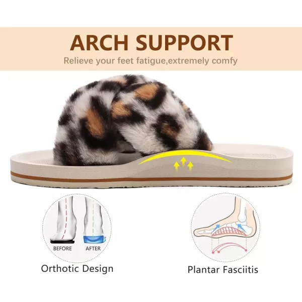 imageCOFACE Womens Fuzzy Slides Fluff Faux Fur Cross Slippers Open Toe Yoga Mat House Slippers Sandals With Arch Support For IndoorOutdoorLeopard Beige White
