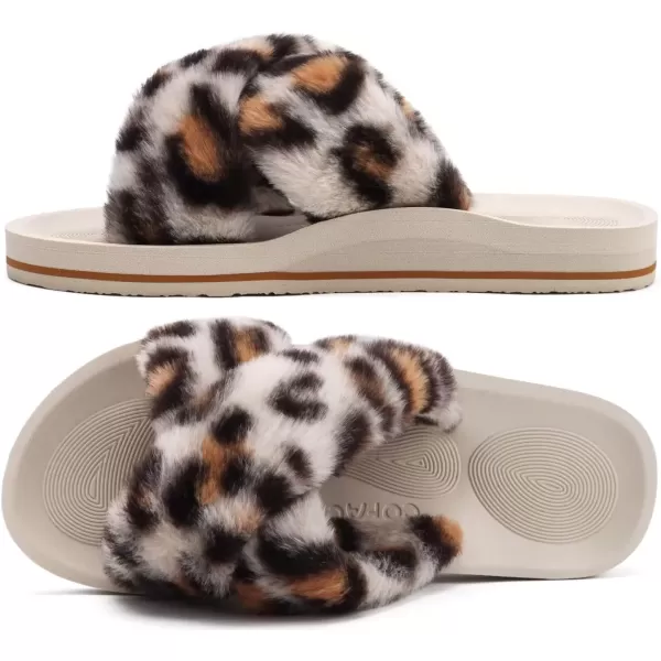 imageCOFACE Womens Fuzzy Slides Fluff Faux Fur Cross Slippers Open Toe Yoga Mat House Slippers Sandals With Arch Support For IndoorOutdoorLeopard Beige White