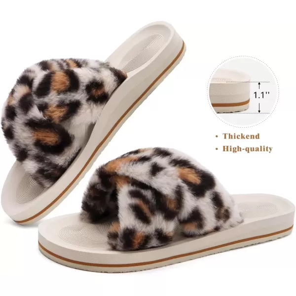 imageCOFACE Womens Fuzzy Slides Fluff Faux Fur Cross Slippers Open Toe Yoga Mat House Slippers Sandals With Arch Support For IndoorOutdoorLeopard Beige White
