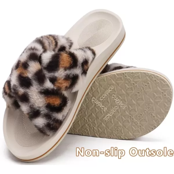 imageCOFACE Womens Fuzzy Slides Fluff Faux Fur Cross Slippers Open Toe Yoga Mat House Slippers Sandals With Arch Support For IndoorOutdoorLeopard Beige White