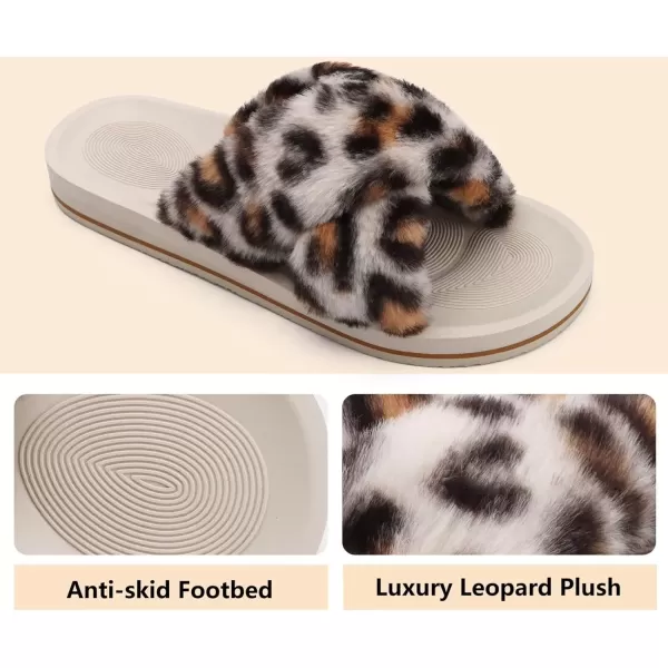 imageCOFACE Womens Fuzzy Slides Fluff Faux Fur Cross Slippers Open Toe Yoga Mat House Slippers Sandals With Arch Support For IndoorOutdoorLeopard Beige White