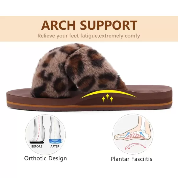 imageCOFACE Womens Fuzzy Slides Fluff Faux Fur Cross Slippers Open Toe Yoga Mat House Slippers Sandals With Arch Support For IndoorOutdoorLeopard Brown