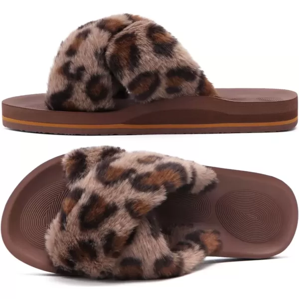 imageCOFACE Womens Fuzzy Slides Fluff Faux Fur Cross Slippers Open Toe Yoga Mat House Slippers Sandals With Arch Support For IndoorOutdoorLeopard Brown