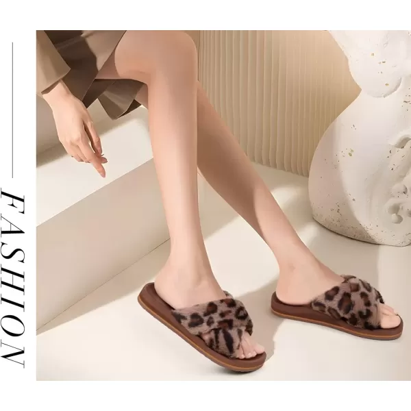 imageCOFACE Womens Fuzzy Slides Fluff Faux Fur Cross Slippers Open Toe Yoga Mat House Slippers Sandals With Arch Support For IndoorOutdoorLeopard Brown