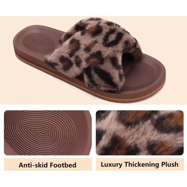 imageCOFACE Womens Fuzzy Slides Fluff Faux Fur Cross Slippers Open Toe Yoga Mat House Slippers Sandals With Arch Support For IndoorOutdoorLeopard Brown