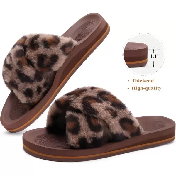 imageCOFACE Womens Fuzzy Slides Fluff Faux Fur Cross Slippers Open Toe Yoga Mat House Slippers Sandals With Arch Support For IndoorOutdoorLeopard Brown