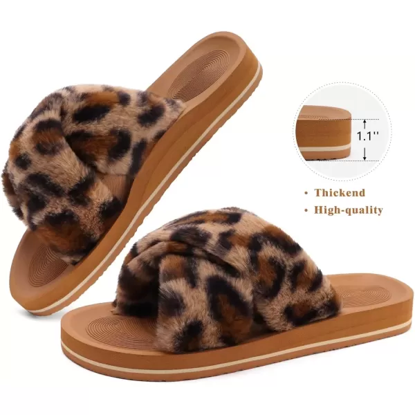 imageCOFACE Womens Fuzzy Slides Fluff Faux Fur Cross Slippers Open Toe Yoga Mat House Slippers Sandals With Arch Support For IndoorOutdoorLeopard Khaki
