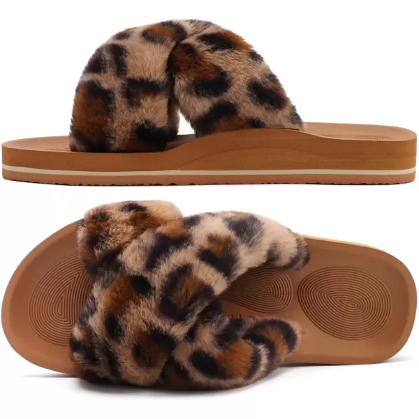 imageCOFACE Womens Fuzzy Slides Fluff Faux Fur Cross Slippers Open Toe Yoga Mat House Slippers Sandals With Arch Support For IndoorOutdoorLeopard Khaki