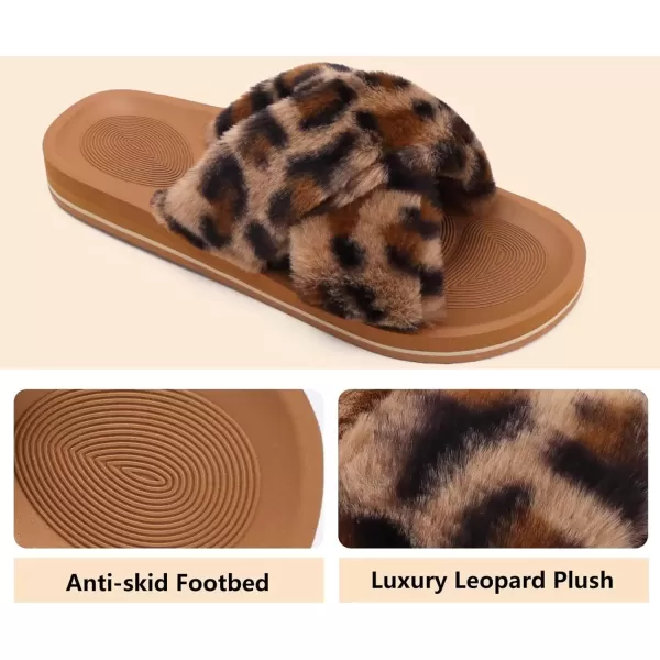 imageCOFACE Womens Fuzzy Slides Fluff Faux Fur Cross Slippers Open Toe Yoga Mat House Slippers Sandals With Arch Support For IndoorOutdoorLeopard Khaki