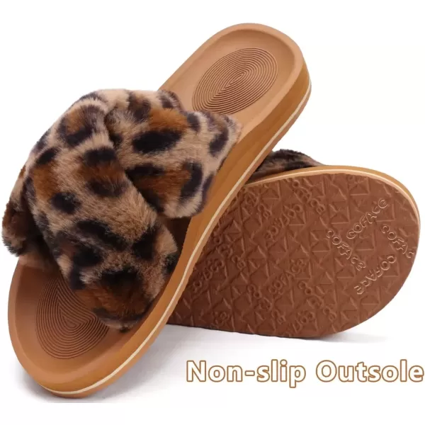 imageCOFACE Womens Fuzzy Slides Fluff Faux Fur Cross Slippers Open Toe Yoga Mat House Slippers Sandals With Arch Support For IndoorOutdoorLeopard Khaki