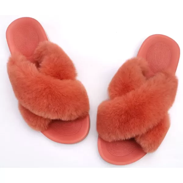 imageCOFACE Womens Fuzzy Slides Fluff Faux Fur Cross Slippers Open Toe Yoga Mat House Slippers Sandals With Arch Support For IndoorOutdoorOrange