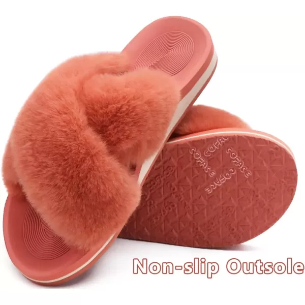 imageCOFACE Womens Fuzzy Slides Fluff Faux Fur Cross Slippers Open Toe Yoga Mat House Slippers Sandals With Arch Support For IndoorOutdoorOrange
