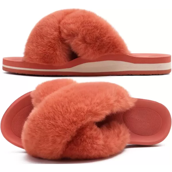 imageCOFACE Womens Fuzzy Slides Fluff Faux Fur Cross Slippers Open Toe Yoga Mat House Slippers Sandals With Arch Support For IndoorOutdoorOrange