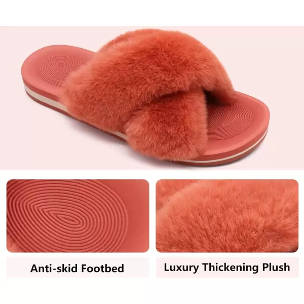 imageCOFACE Womens Fuzzy Slides Fluff Faux Fur Cross Slippers Open Toe Yoga Mat House Slippers Sandals With Arch Support For IndoorOutdoorOrange