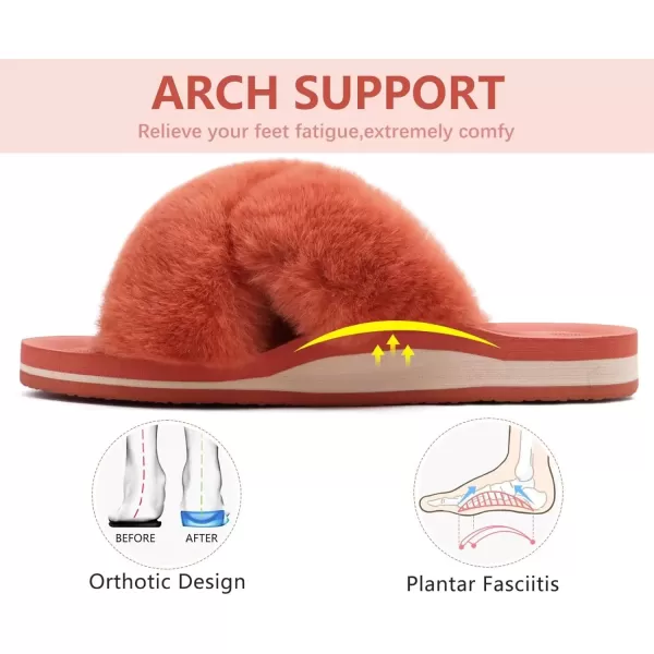imageCOFACE Womens Fuzzy Slides Fluff Faux Fur Cross Slippers Open Toe Yoga Mat House Slippers Sandals With Arch Support For IndoorOutdoorOrange