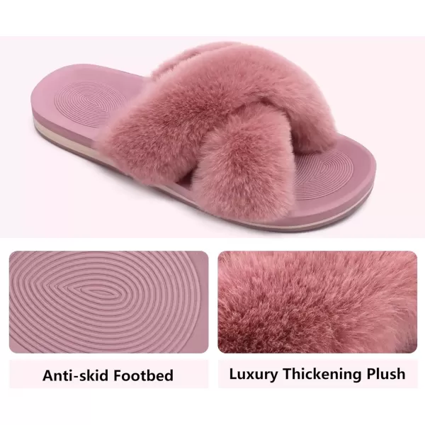imageCOFACE Womens Fuzzy Slides Fluff Faux Fur Cross Slippers Open Toe Yoga Mat House Slippers Sandals With Arch Support For IndoorOutdoorPink