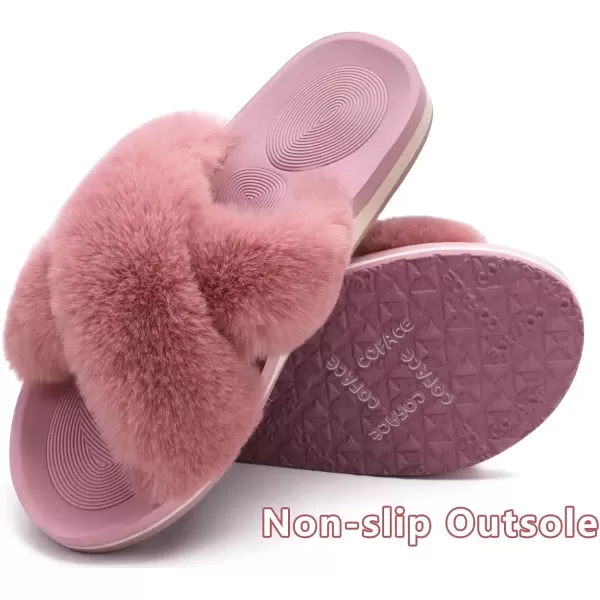 imageCOFACE Womens Fuzzy Slides Fluff Faux Fur Cross Slippers Open Toe Yoga Mat House Slippers Sandals With Arch Support For IndoorOutdoorPink