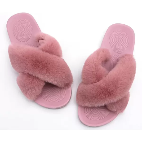 imageCOFACE Womens Fuzzy Slides Fluff Faux Fur Cross Slippers Open Toe Yoga Mat House Slippers Sandals With Arch Support For IndoorOutdoorPink
