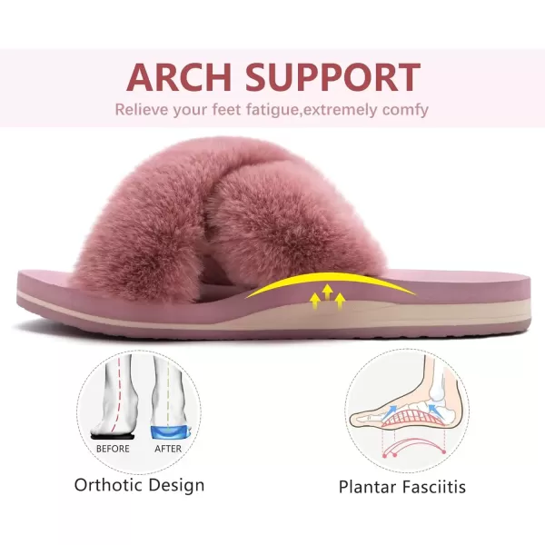 imageCOFACE Womens Fuzzy Slides Fluff Faux Fur Cross Slippers Open Toe Yoga Mat House Slippers Sandals With Arch Support For IndoorOutdoorPink