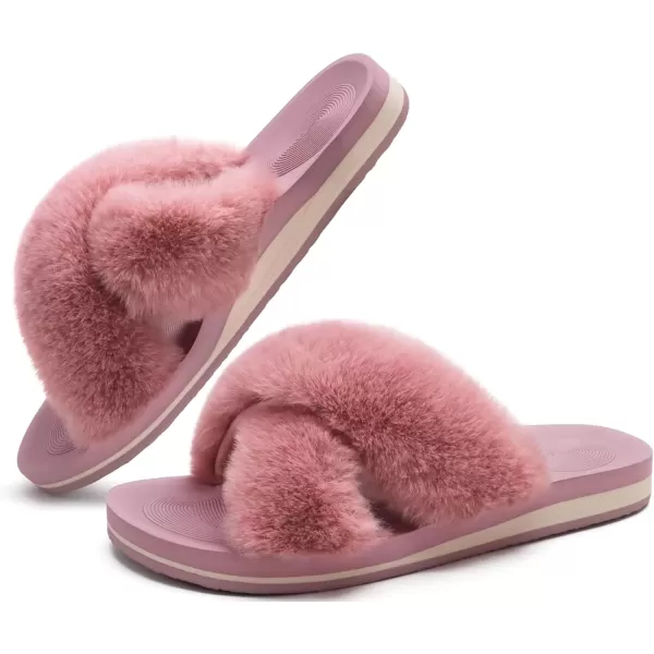imageCOFACE Womens Fuzzy Slides Fluff Faux Fur Cross Slippers Open Toe Yoga Mat House Slippers Sandals With Arch Support For IndoorOutdoorPink