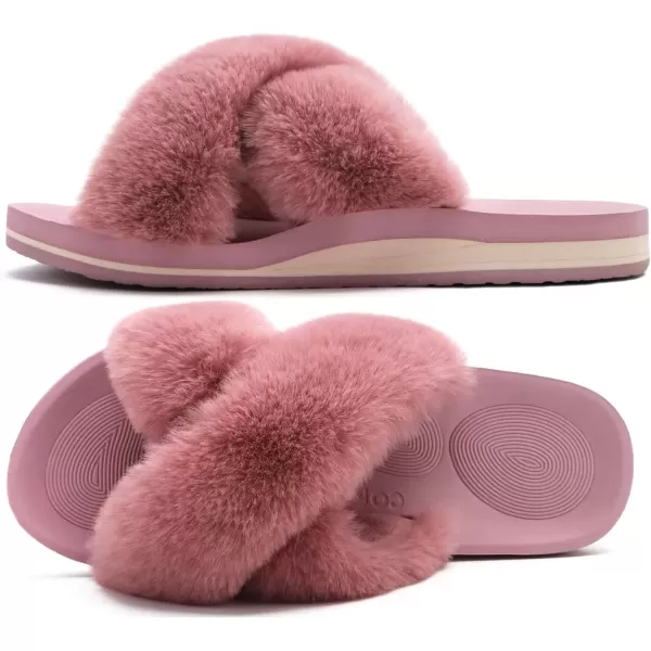 imageCOFACE Womens Fuzzy Slides Fluff Faux Fur Cross Slippers Open Toe Yoga Mat House Slippers Sandals With Arch Support For IndoorOutdoorPink