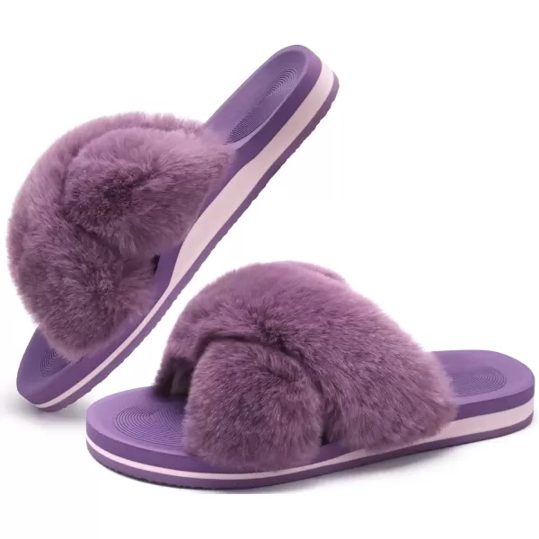 imageCOFACE Womens Fuzzy Slides Fluff Faux Fur Cross Slippers Open Toe Yoga Mat House Slippers Sandals With Arch Support For IndoorOutdoorPurple
