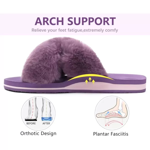 imageCOFACE Womens Fuzzy Slides Fluff Faux Fur Cross Slippers Open Toe Yoga Mat House Slippers Sandals With Arch Support For IndoorOutdoorPurple