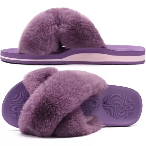 imageCOFACE Womens Fuzzy Slides Fluff Faux Fur Cross Slippers Open Toe Yoga Mat House Slippers Sandals With Arch Support For IndoorOutdoorPurple