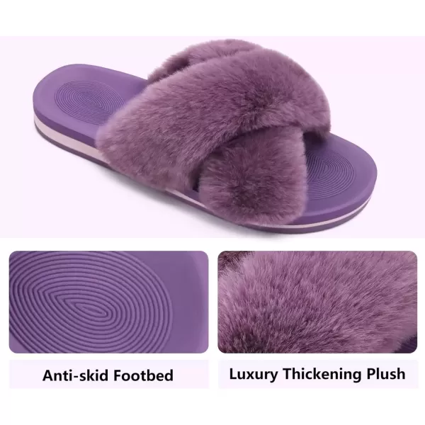 imageCOFACE Womens Fuzzy Slides Fluff Faux Fur Cross Slippers Open Toe Yoga Mat House Slippers Sandals With Arch Support For IndoorOutdoorPurple