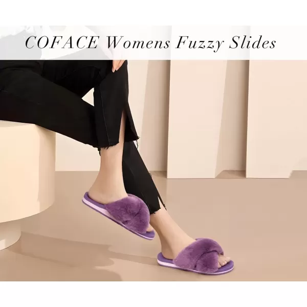 imageCOFACE Womens Fuzzy Slides Fluff Faux Fur Cross Slippers Open Toe Yoga Mat House Slippers Sandals With Arch Support For IndoorOutdoorPurple