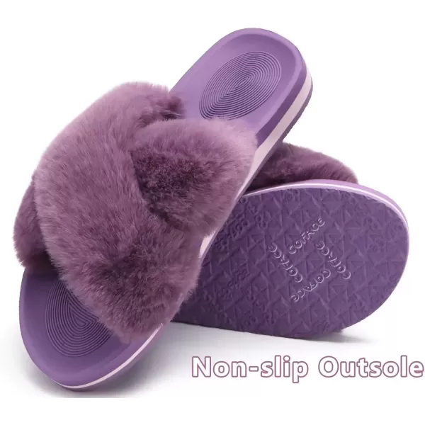 imageCOFACE Womens Fuzzy Slides Fluff Faux Fur Cross Slippers Open Toe Yoga Mat House Slippers Sandals With Arch Support For IndoorOutdoorPurple