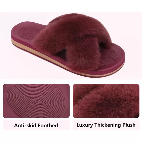 imageCOFACE Womens Fuzzy Slides Fluff Faux Fur Cross Slippers Open Toe Yoga Mat House Slippers Sandals With Arch Support For IndoorOutdoorWine Red