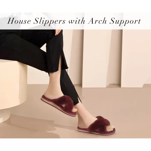 imageCOFACE Womens Fuzzy Slides Fluff Faux Fur Cross Slippers Open Toe Yoga Mat House Slippers Sandals With Arch Support For IndoorOutdoorWine Red