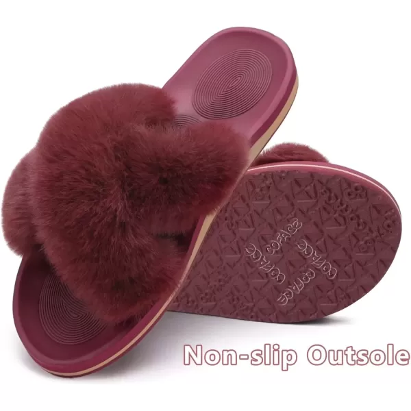imageCOFACE Womens Fuzzy Slides Fluff Faux Fur Cross Slippers Open Toe Yoga Mat House Slippers Sandals With Arch Support For IndoorOutdoorWine Red