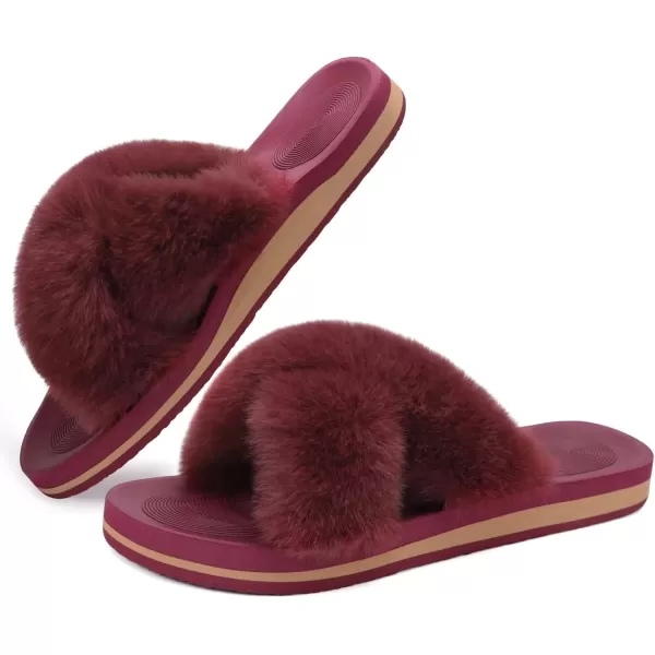 imageCOFACE Womens Fuzzy Slides Fluff Faux Fur Cross Slippers Open Toe Yoga Mat House Slippers Sandals With Arch Support For IndoorOutdoorWine Red