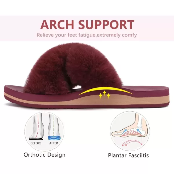 imageCOFACE Womens Fuzzy Slides Fluff Faux Fur Cross Slippers Open Toe Yoga Mat House Slippers Sandals With Arch Support For IndoorOutdoorWine Red