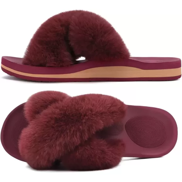 imageCOFACE Womens Fuzzy Slides Fluff Faux Fur Cross Slippers Open Toe Yoga Mat House Slippers Sandals With Arch Support For IndoorOutdoorWine Red