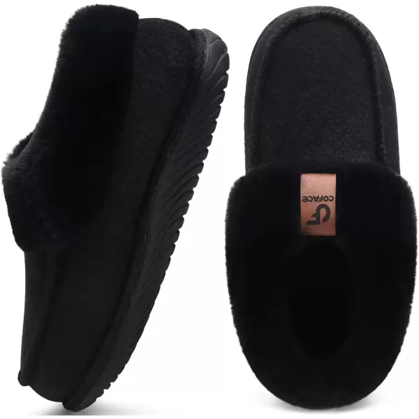 imageCOFACE Womens Memory Foam House Slippers Arch Support Moccasin Winter Shoes Ladies Warm Fuzzy Faux Fur Collar With Indoor Outdoor Rubber SoleBlack