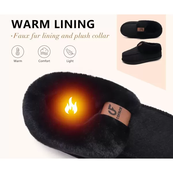 imageCOFACE Womens Memory Foam House Slippers Arch Support Moccasin Winter Shoes Ladies Warm Fuzzy Faux Fur Collar With Indoor Outdoor Rubber SoleBlack