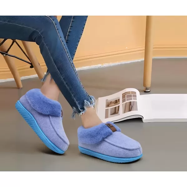 imageCOFACE Womens Memory Foam House Slippers Arch Support Moccasin Winter Shoes Ladies Warm Fuzzy Faux Fur Collar With Indoor Outdoor Rubber SoleBlue