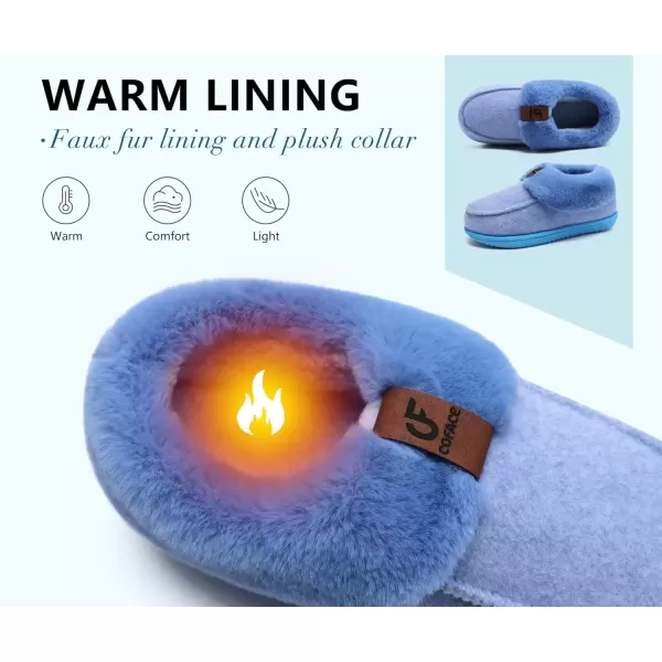 imageCOFACE Womens Memory Foam House Slippers Arch Support Moccasin Winter Shoes Ladies Warm Fuzzy Faux Fur Collar With Indoor Outdoor Rubber SoleBlue