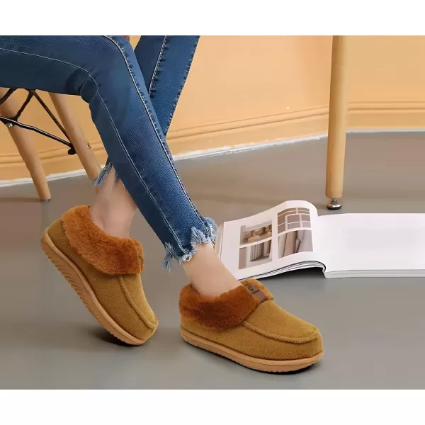 imageCOFACE Womens Memory Foam House Slippers Arch Support Moccasin Winter Shoes Ladies Warm Fuzzy Faux Fur Collar With Indoor Outdoor Rubber SoleBrown