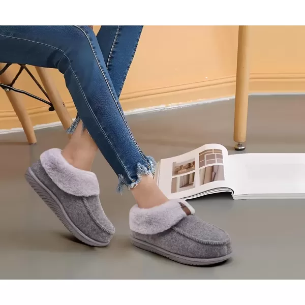 imageCOFACE Womens Memory Foam House Slippers Arch Support Moccasin Winter Shoes Ladies Warm Fuzzy Faux Fur Collar With Indoor Outdoor Rubber SoleGrey