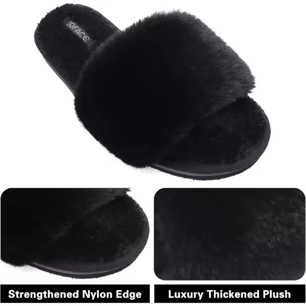 imageCOFACE Womens Sliders Plush House Slippers Flat Sandals For Women Memory Foam Fuzzy Open Toe Slippers With Arch Support Anti Skid Ladies Slip On Fur Slide Slippers House Shoes Mules Indoor OutdoorBlack With Fur