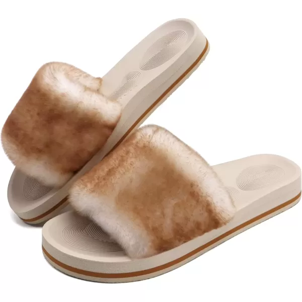 imageCOFACE Womens Sliders Plush House Slippers Flat Sandals For Women Memory Foam Fuzzy Open Toe Slippers With Arch Support Anti Skid Ladies Slip On Fur Slide Slippers House Shoes Mules Indoor OutdoorWhitekhaki